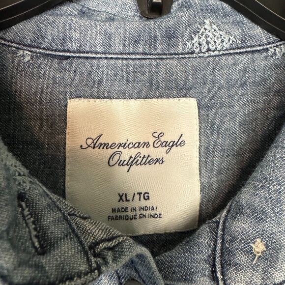 AMERICAN EAGLE women's size XL chambray embroidered button denim top shirt - Picture 7 of 8